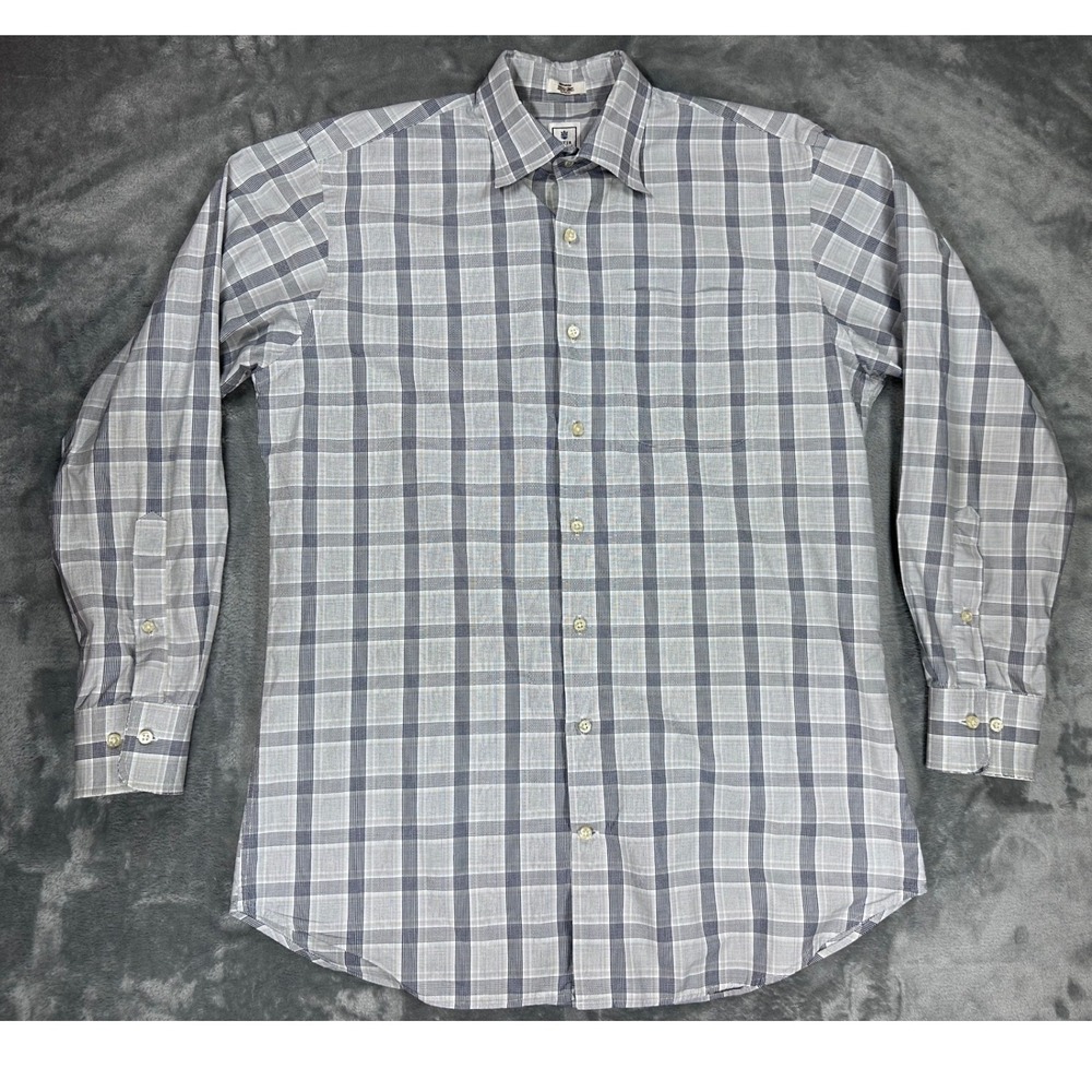 Peter Millar Mens Medium Blue Grey Plaid Cotton Long Sleeve Button Down Shirt